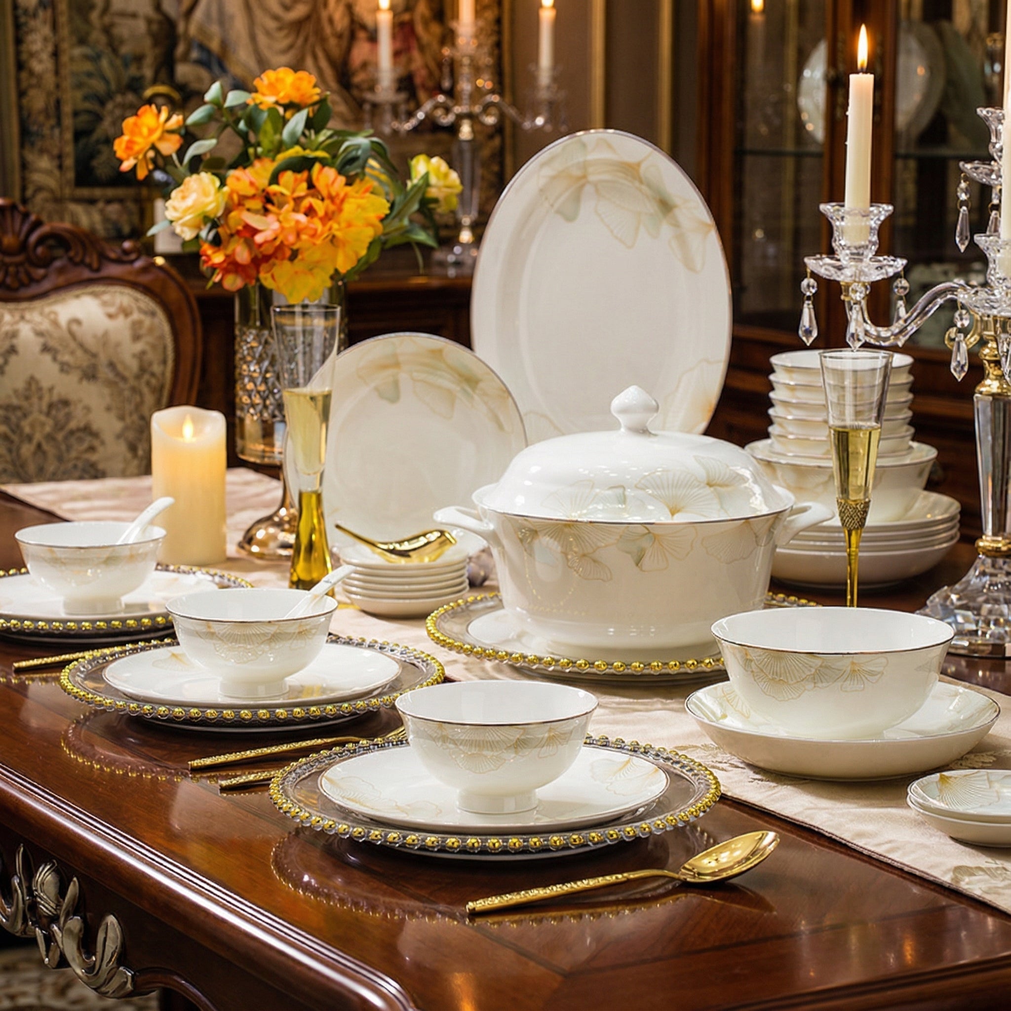 Luxury Gold-Rimmed Porcelain Dinnerware Set